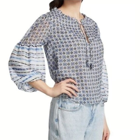 MISA LOS ANGELES Renata Chiffon Blouse Lightweight Blouson Sleeve Blue Size L - Picture 3 of 12